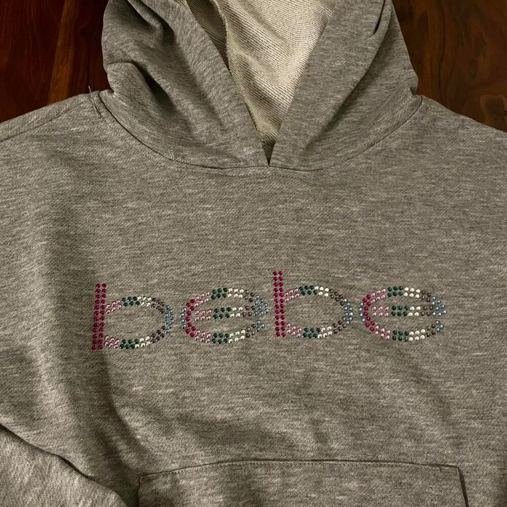 Bebe Sport Y2K Rhinestone Bedazzled Cropped Hoodie Grey Medium - Picture 5 of 5